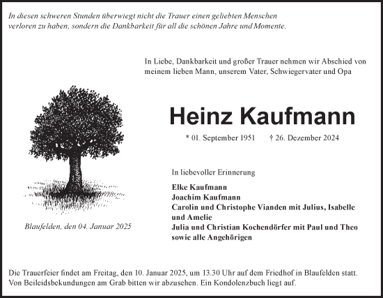 Traueranzeige von Heinz Kaufmann von Hohenloher Tagblatt