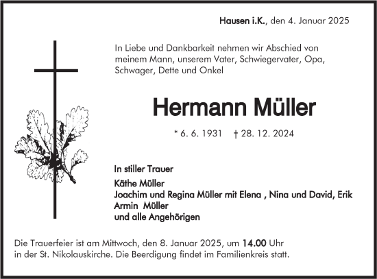 Traueranzeige von Hermann Müller von SÜDWEST PRESSE Zollernalbkreis/Hohenzollerische Zeitung