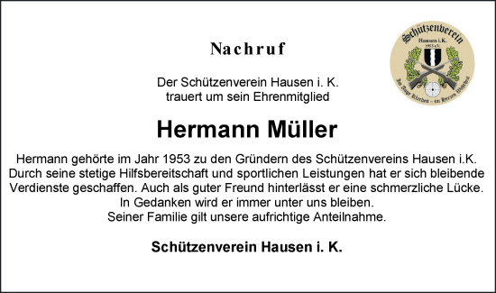 Traueranzeige von Hermann Müller von SÜDWEST PRESSE Zollernalbkreis/Hohenzollerische Zeitung