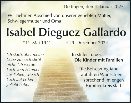 Traueranzeige von Isabel Dieguez Gallardo von Alb-Bote/Metzinger-Uracher Volksblatt