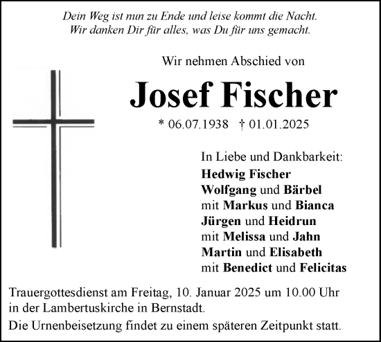 Traueranzeige von Josef Fischer von SÜDWEST PRESSE Ausgabe Ulm/Neu-Ulm