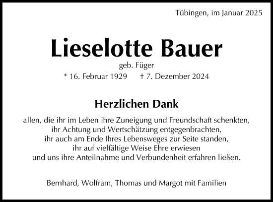 Traueranzeige von Lieselotte Bauer von Schwäbische Tagblatt