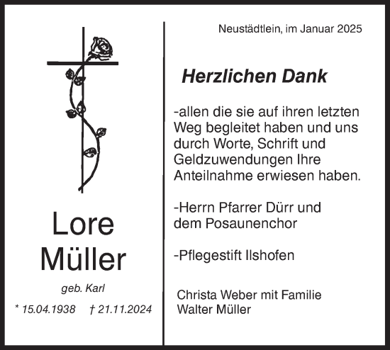 Traueranzeige von Lore Müller von Hohenloher Tagblatt