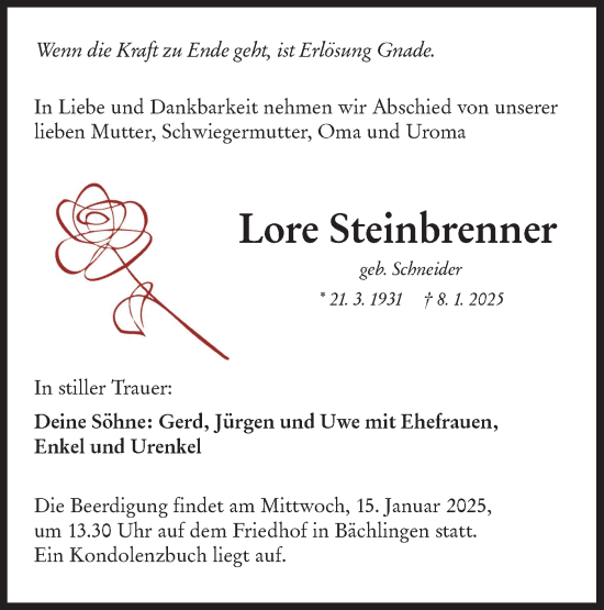 Traueranzeige von Lore Steinbrenner von Hohenloher Tagblatt