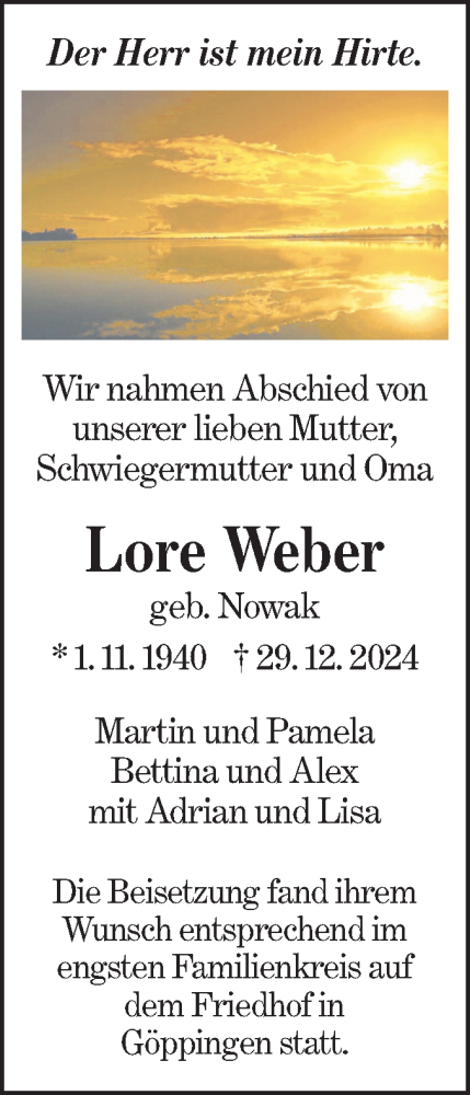 Traueranzeige von Lore Weber von NWZ Neue Württembergische Zeitung