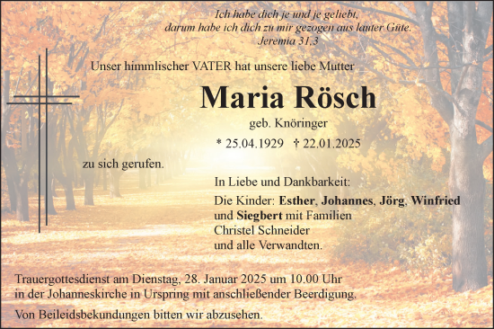 Traueranzeige von Maria Rösch von SÜDWEST PRESSE Ausgabe Ulm/Neu-Ulm