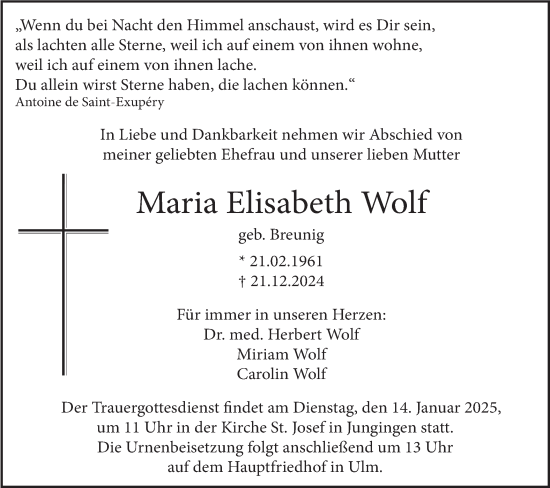 Traueranzeige von Maria Elisabeth Wolf von SÜDWEST PRESSE Ausgabe Ulm/Neu-Ulm