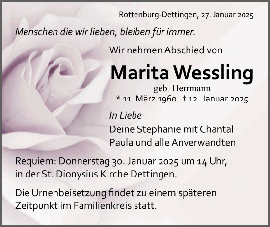 Traueranzeige von Marita Wessling von Schwäbische Tagblatt