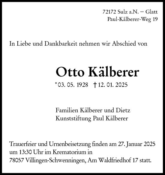 Traueranzeige von Otto Kälberer von Neckar-Chronik