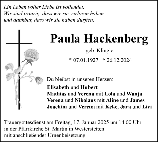 Traueranzeige von Paula Hackenberg von SÜDWEST PRESSE Ausgabe Ulm/Neu-Ulm