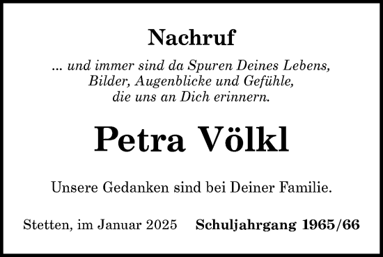 Traueranzeige von Petra Völkl von SÜDWEST PRESSE Zollernalbkreis/Hohenzollerische Zeitung