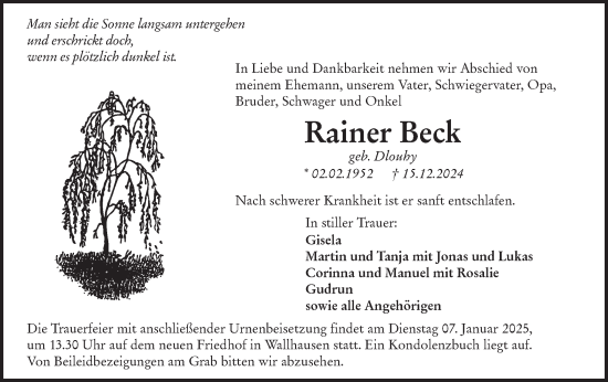 Traueranzeige von Rainer Beck von Hohenloher Tagblatt