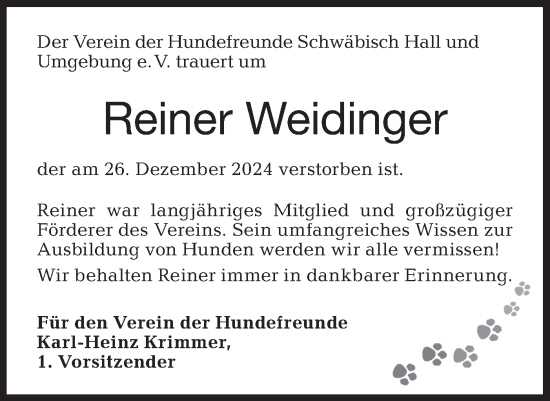 Traueranzeige von Reiner Weidinger von Haller Tagblatt