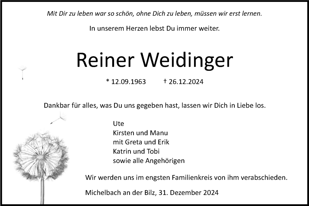  Traueranzeige für Reiner Weidinger vom 31.12.2024 aus Haller Tagblatt/Hohenloher Tagblatt