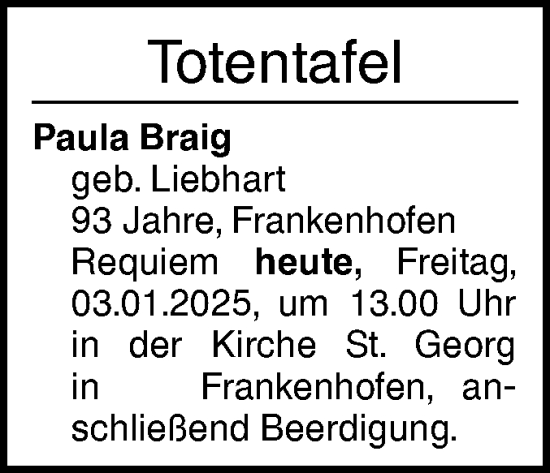 Traueranzeige von Totentafel vom 03.01.2025 von Ehinger Tagblatt