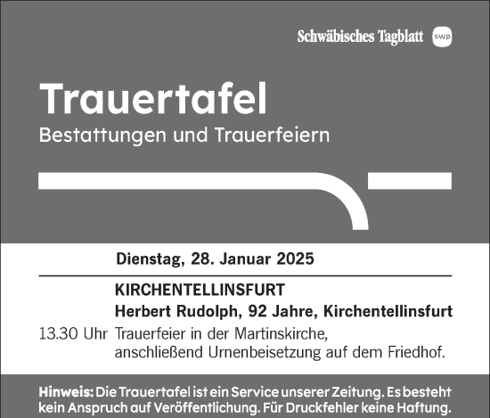 Traueranzeige von Trauertafel vom 28.01.2025 von Schwäbische Tagblatt