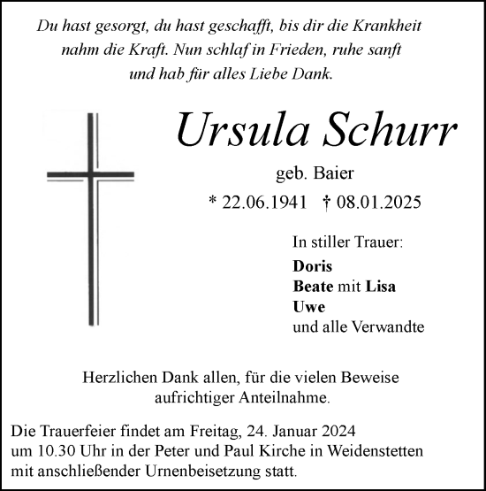 Traueranzeige von Ursula Schurr von SÜDWEST PRESSE Ausgabe Ulm/Neu-Ulm