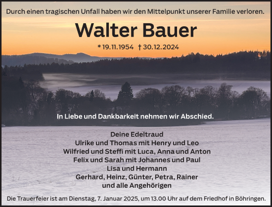 Traueranzeige von Walter Bauer von Alb-Bote/Metzinger-Uracher Volksblatt