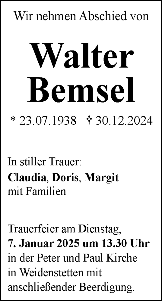 Traueranzeige von Walter Bemsel von SÜDWEST PRESSE Ausgabe Ulm/Neu-Ulm