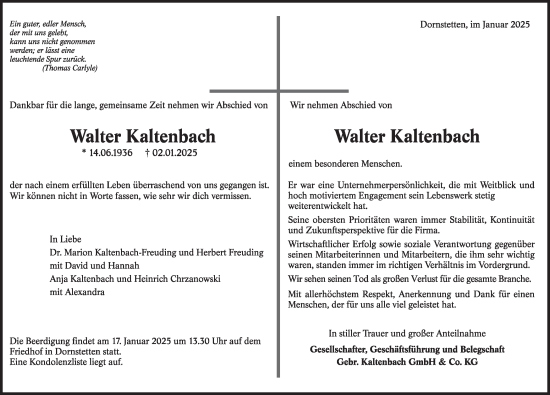 Traueranzeige von Walter Kaltenbach von Neckar-Chronik