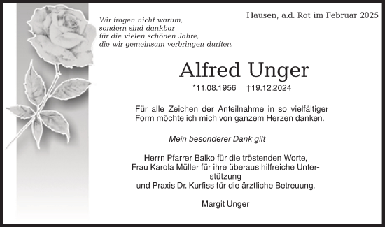 Traueranzeige von Alfred Unger von Rundschau Gaildorf