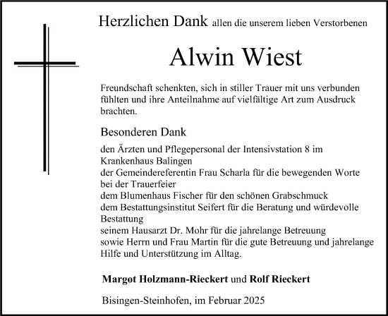 Traueranzeige von Alwin Wiest von SÜDWEST PRESSE Zollernalbkreis/Hohenzollerische Zeitung