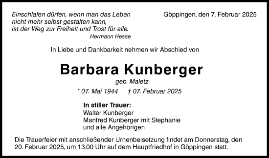 Traueranzeige von Barbara Kunberger von NWZ Neue Württembergische Zeitung