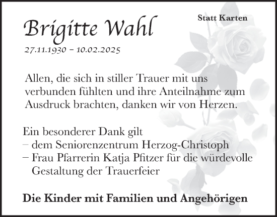 Traueranzeige von Brigitte Wahl von Alb-Bote/Metzinger-Uracher Volksblatt