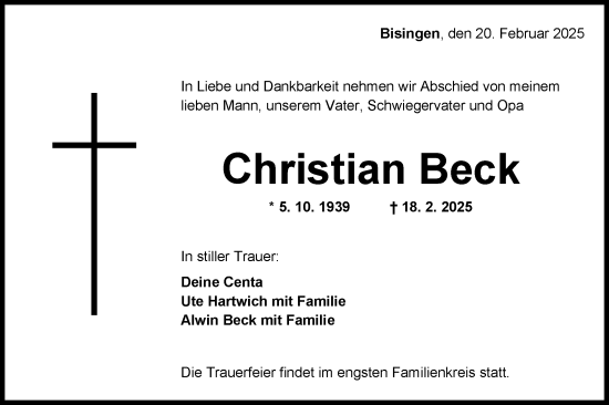 Traueranzeige von Christian Beck von SÜDWEST PRESSE Zollernalbkreis/Hohenzollerische Zeitung