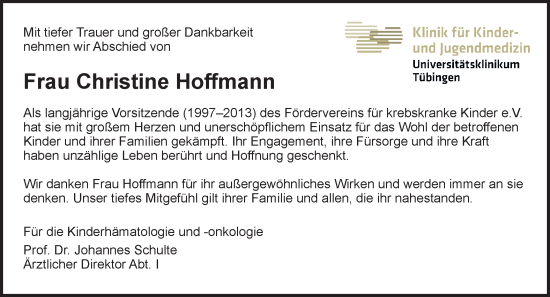 Traueranzeige von Christine Hoffmann von Schwäbische Tagblatt