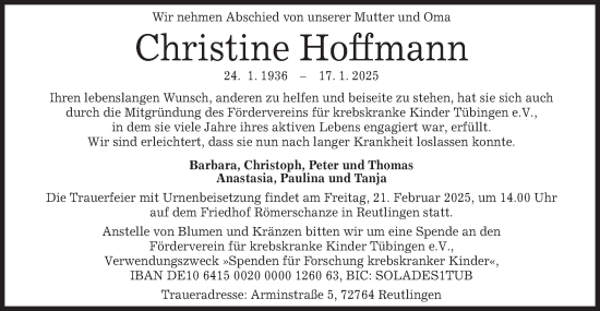 Traueranzeige von Christine Hoffmann von Schwäbische Tagblatt