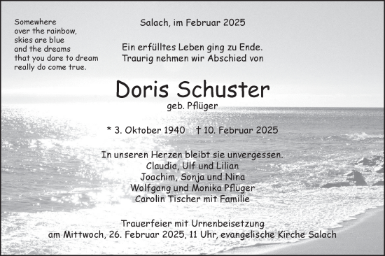 Traueranzeige von Doris Schuster von NWZ Neue Württembergische Zeitung