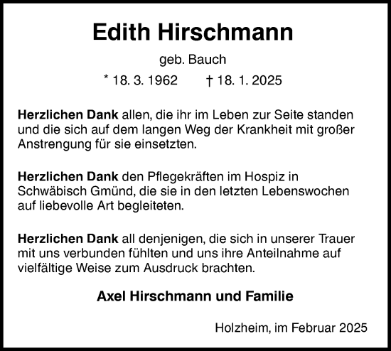 Traueranzeige von Edith Hirschmann von NWZ Neue Württembergische Zeitung