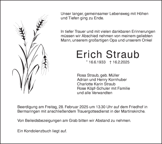 Traueranzeige von Erich Straub von SÜDWEST PRESSE Ausgabe Ulm/Neu-Ulm/NWZ Neue Württembergische Zeitung/Geislinger Zeitung/Neu-Ulmer Zeitung