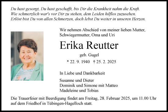 Traueranzeige von Erika Reutter von Schwäbische Tagblatt