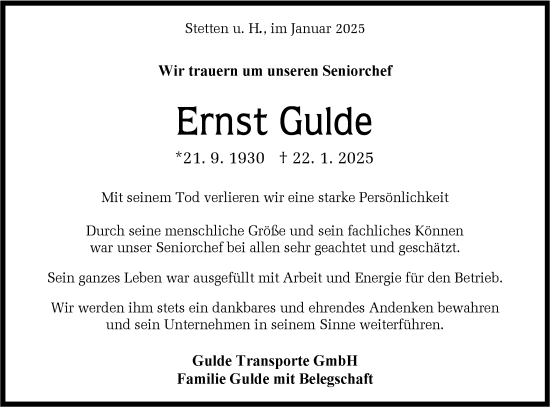 Traueranzeige von Ernst Gulde von SÜDWEST PRESSE Zollernalbkreis/Hohenzollerische Zeitung