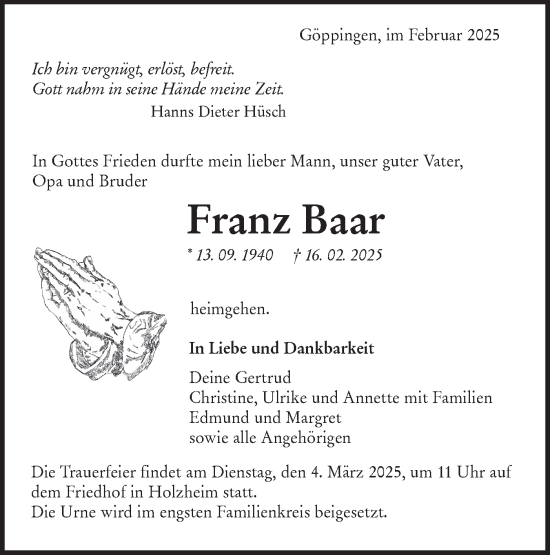 Traueranzeige von Franz Baar von NWZ Neue Württembergische Zeitung