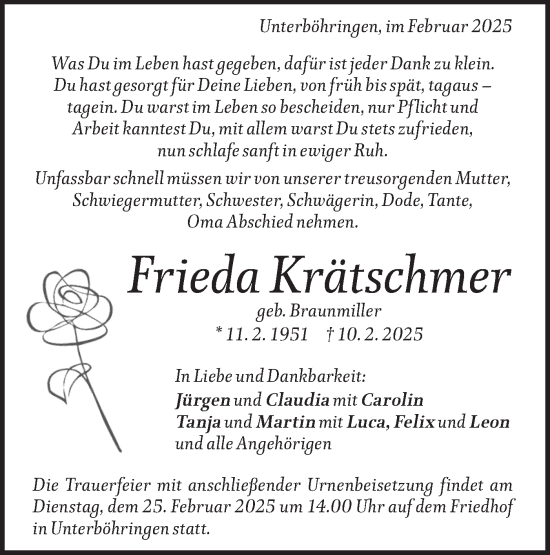 Traueranzeige von Frieda Krätschmer von Geislinger Zeitung