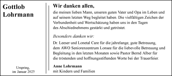 Traueranzeige von Gottlob Lohrmann von Geislinger Zeitung