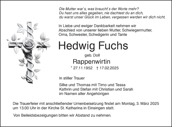 Traueranzeige von Hedwig Fuchs von SÜDWEST PRESSE Ausgabe Ulm/Neu-Ulm