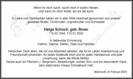 Traueranzeige von Helga Schoch von Haller Tagblatt