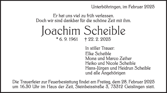 Traueranzeige von Joachim Scheible von Geislinger Zeitung