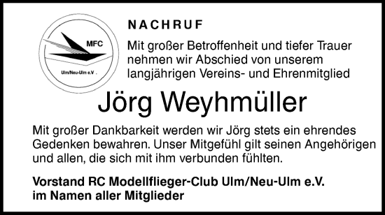 Traueranzeige von Jörg Weyhmüller von SÜDWEST PRESSE Ausgabe Ulm/Neu-Ulm