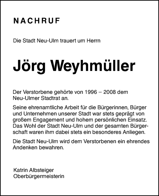 Traueranzeige von Jörg Weyhmüller von SÜDWEST PRESSE Ausgabe Ulm/Neu-Ulm