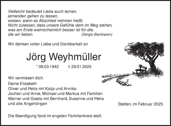 Traueranzeige von Jörg Weyhmüller von SÜDWEST PRESSE Ausgabe Ulm/Neu-Ulm