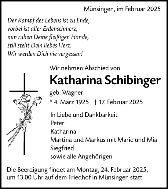 Traueranzeige von Katharina Schibinger von Alb-Bote/Metzinger-Uracher Volksblatt