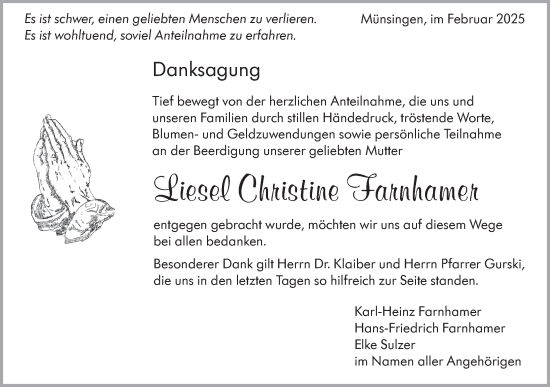 Traueranzeige von Liesel Christine Farnhamer von Alb-Bote/Metzinger-Uracher Volksblatt