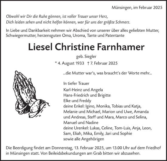 Traueranzeige von Liesel Christine Farnhamer von Alb-Bote/Metzinger-Uracher Volksblatt