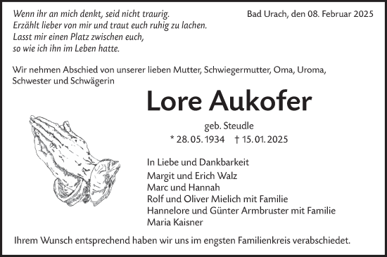 Traueranzeige von Lore Aukofer von Alb-Bote/Metzinger-Uracher Volksblatt