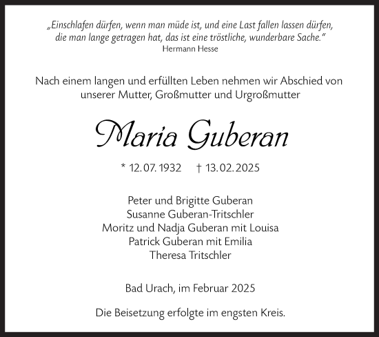 Traueranzeige von Maria Guberan von Alb-Bote/Metzinger-Uracher Volksblatt